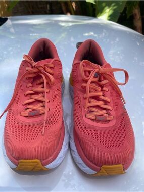 Hoka Women's Coral-Pink Running Shoes with Yellow Accents